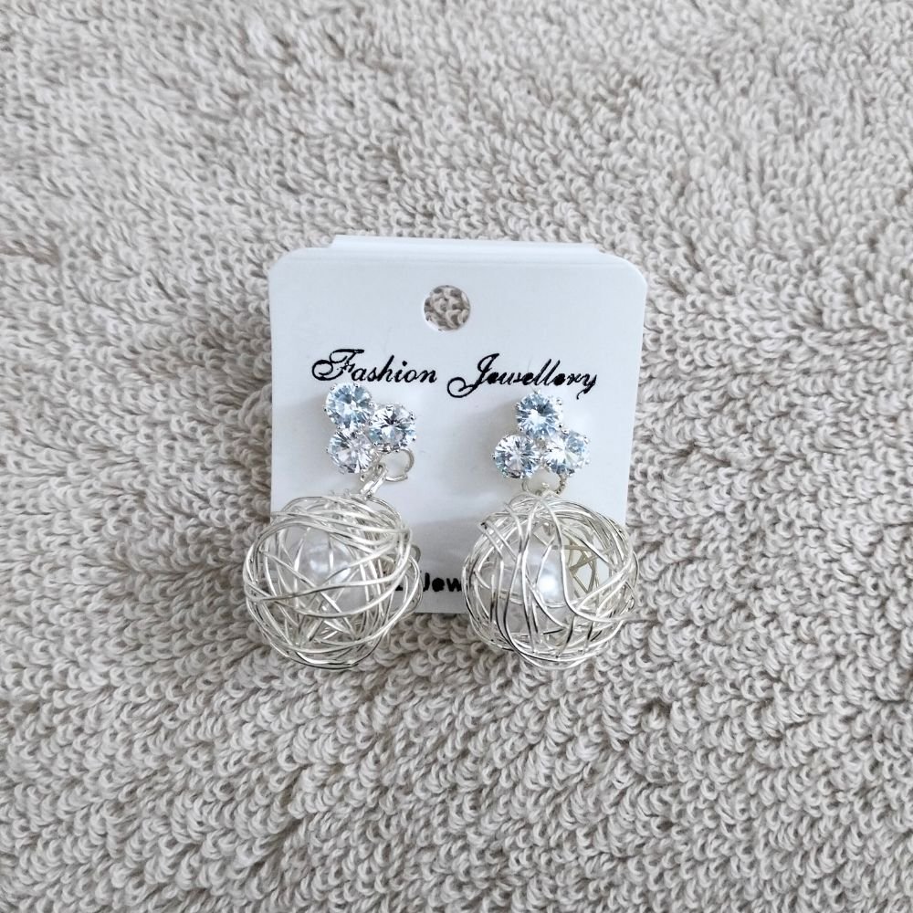 Triple Diamond Stud Pearl Nest Drop Korean Earrings