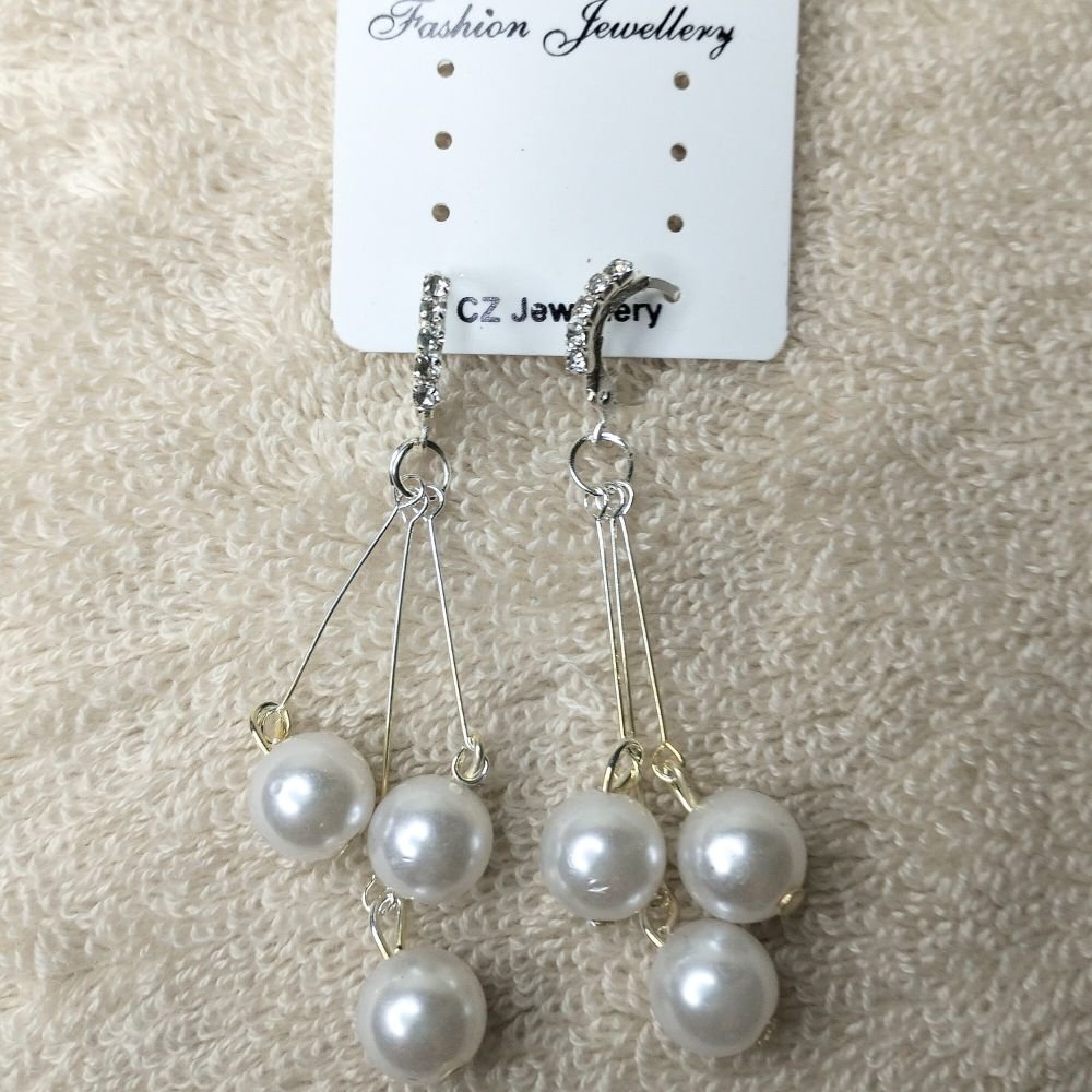 Diamond Hoop Triple Pearl Dangle Korean Earrings