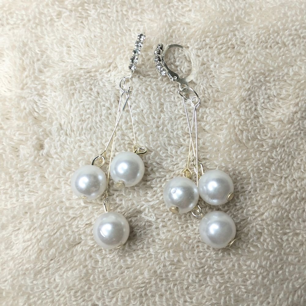 Diamond Hoop Triple Pearl Dangle Korean Earrings