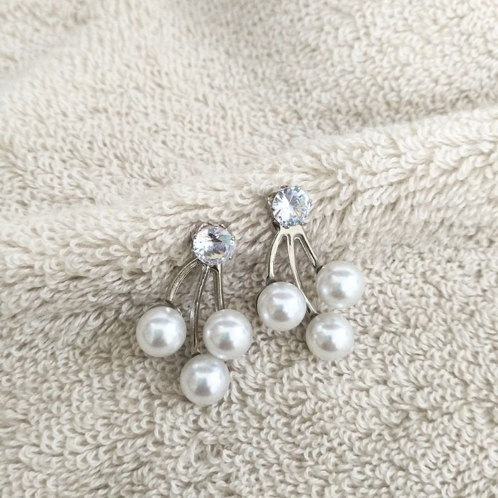 Diamond Stud Three-Pearls Drop Earrings