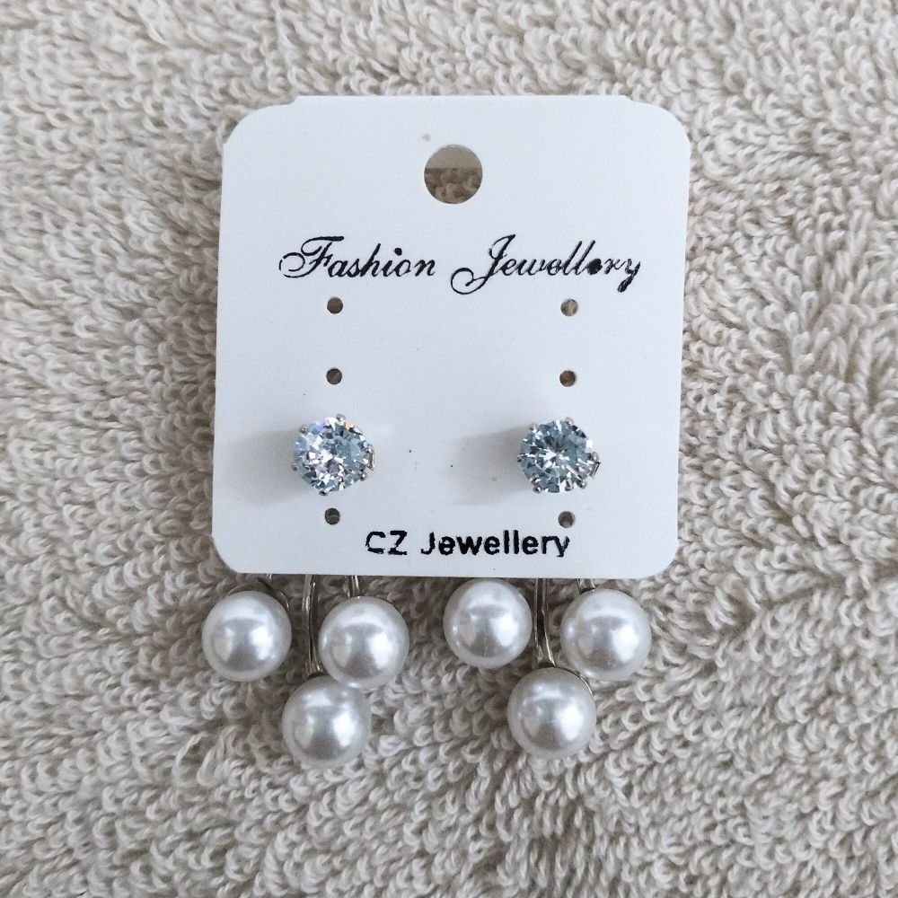 Diamond Stud Three-Pearls Drop Earrings