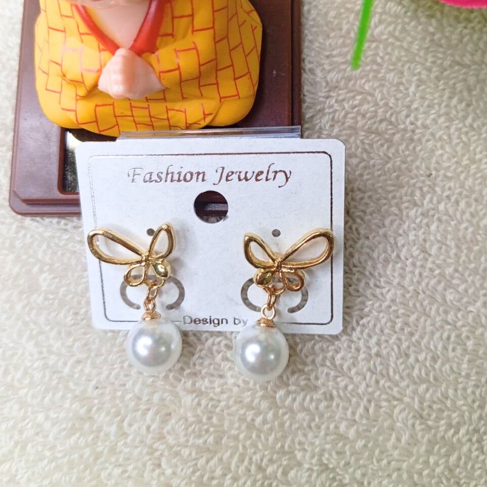 Gold Bow Pearl Drop Earrings