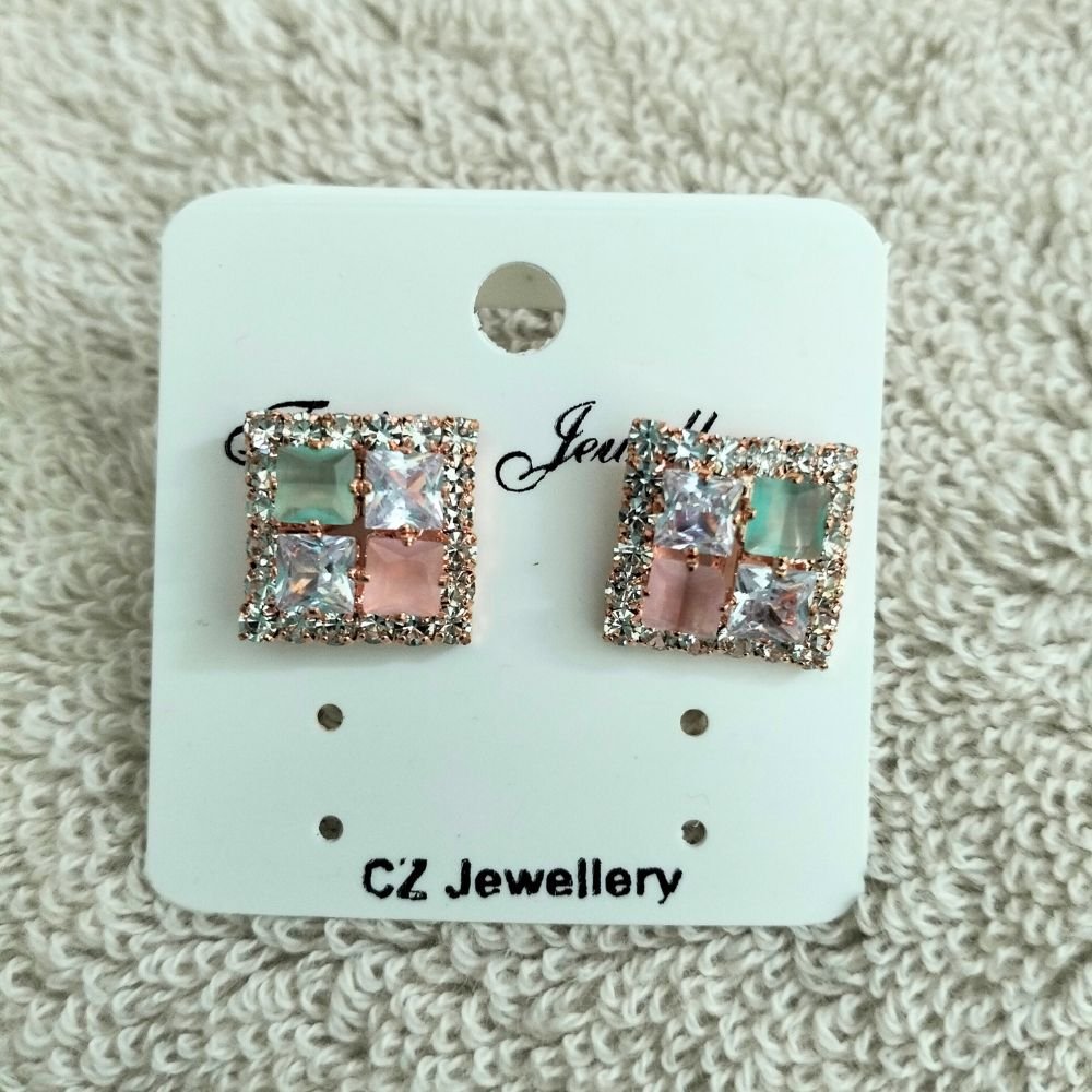 Pink Green Diamond Stud Korean Earrings