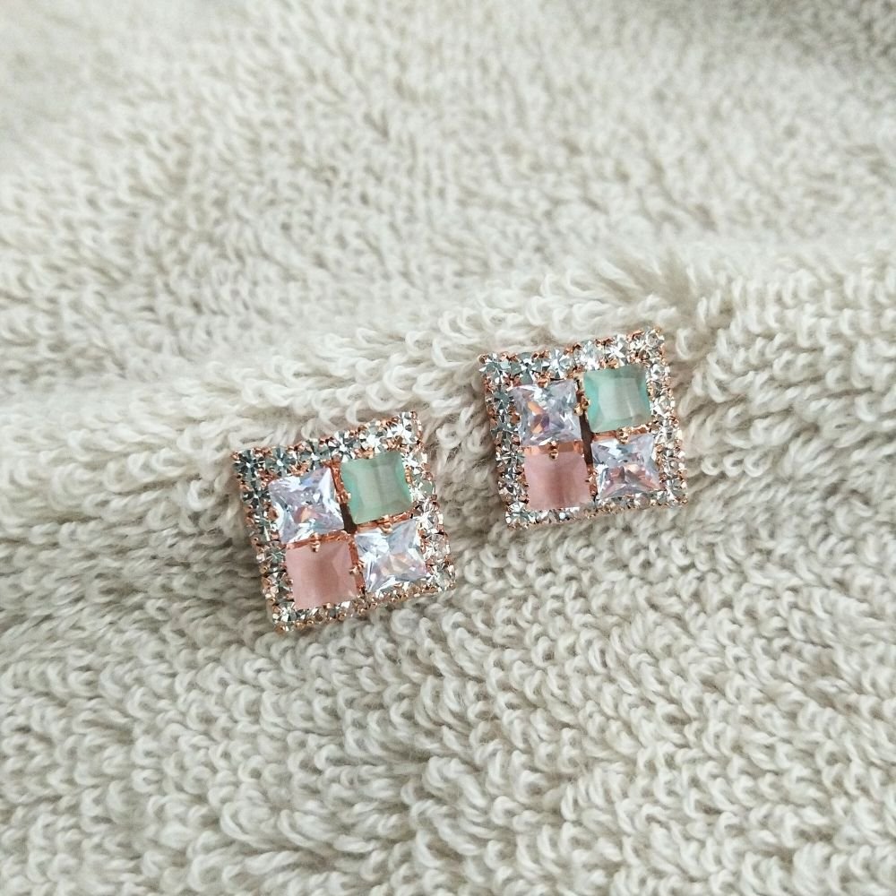 Pink Green Diamond Stud Korean Earrings