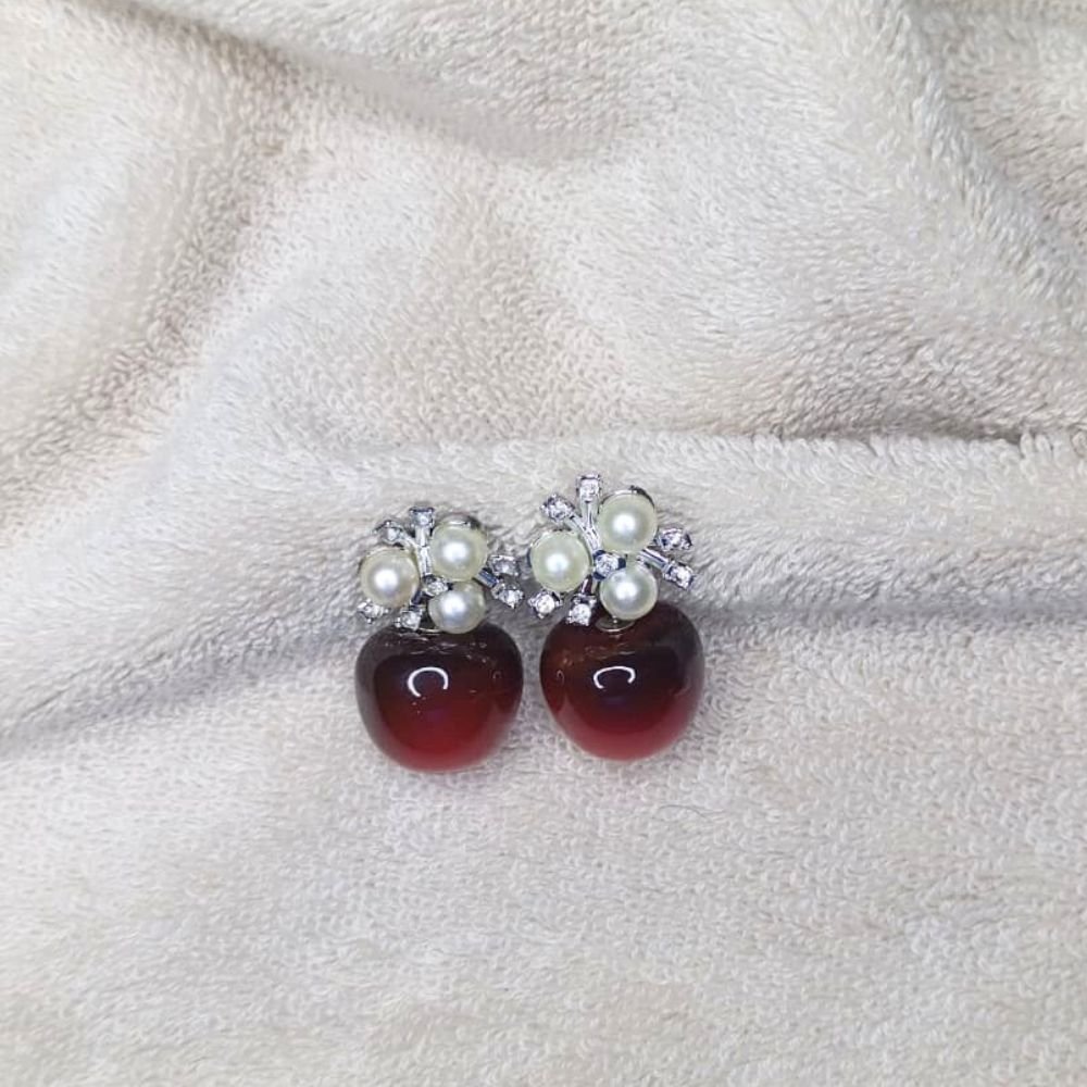 Red Apple Drop Earrings with Pearl and Crystal