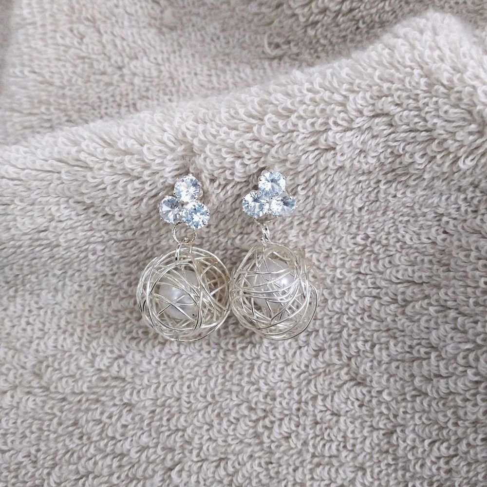Triple Diamond Stud Pearl Nest Drop Korean Earrings