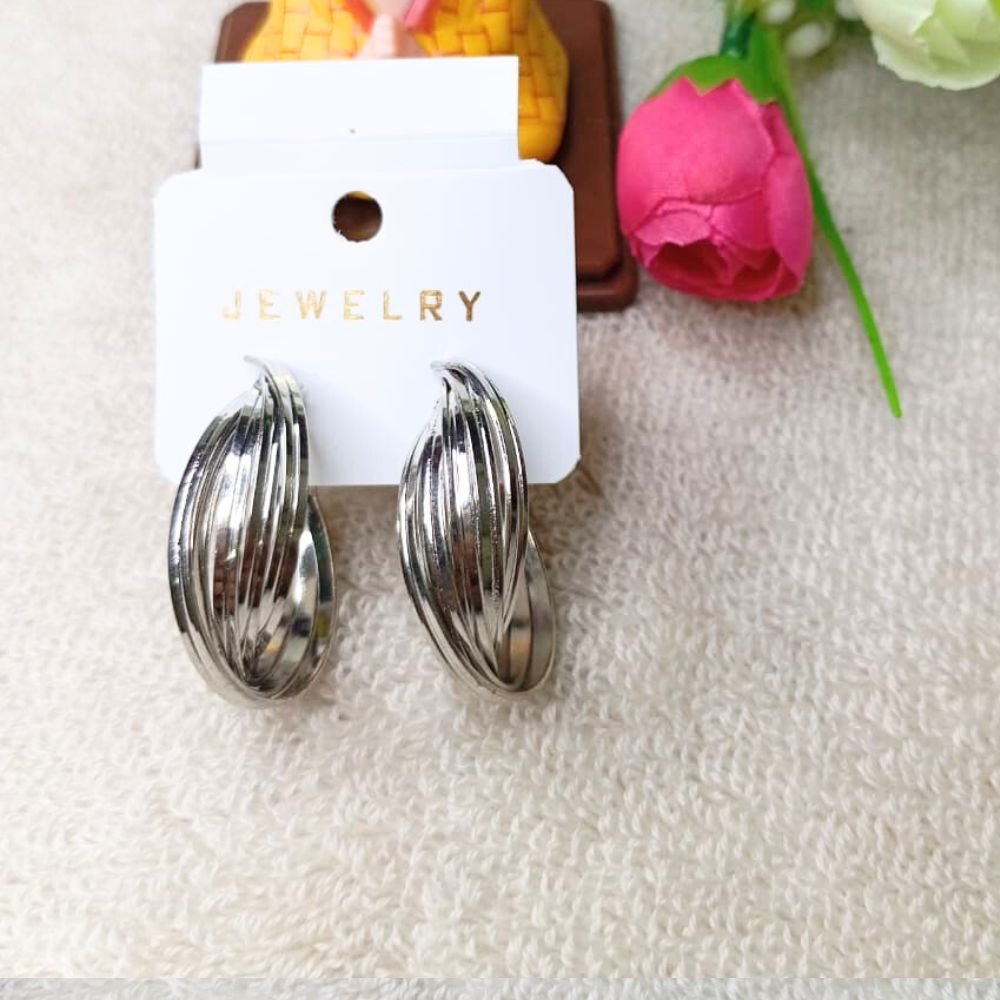 Twisted Silver Metal Hoop Korean Earrings