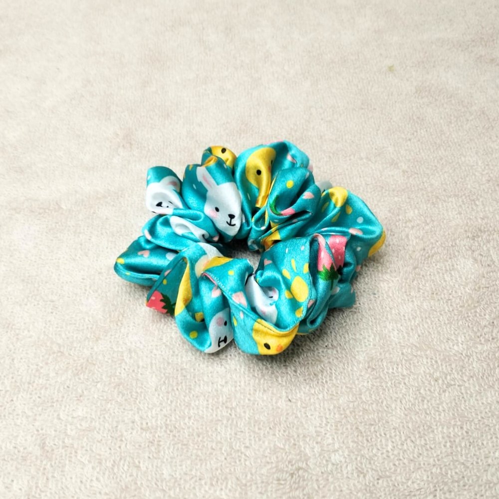 Bunny Hop Teal Blue Printed Satin Scrunchie