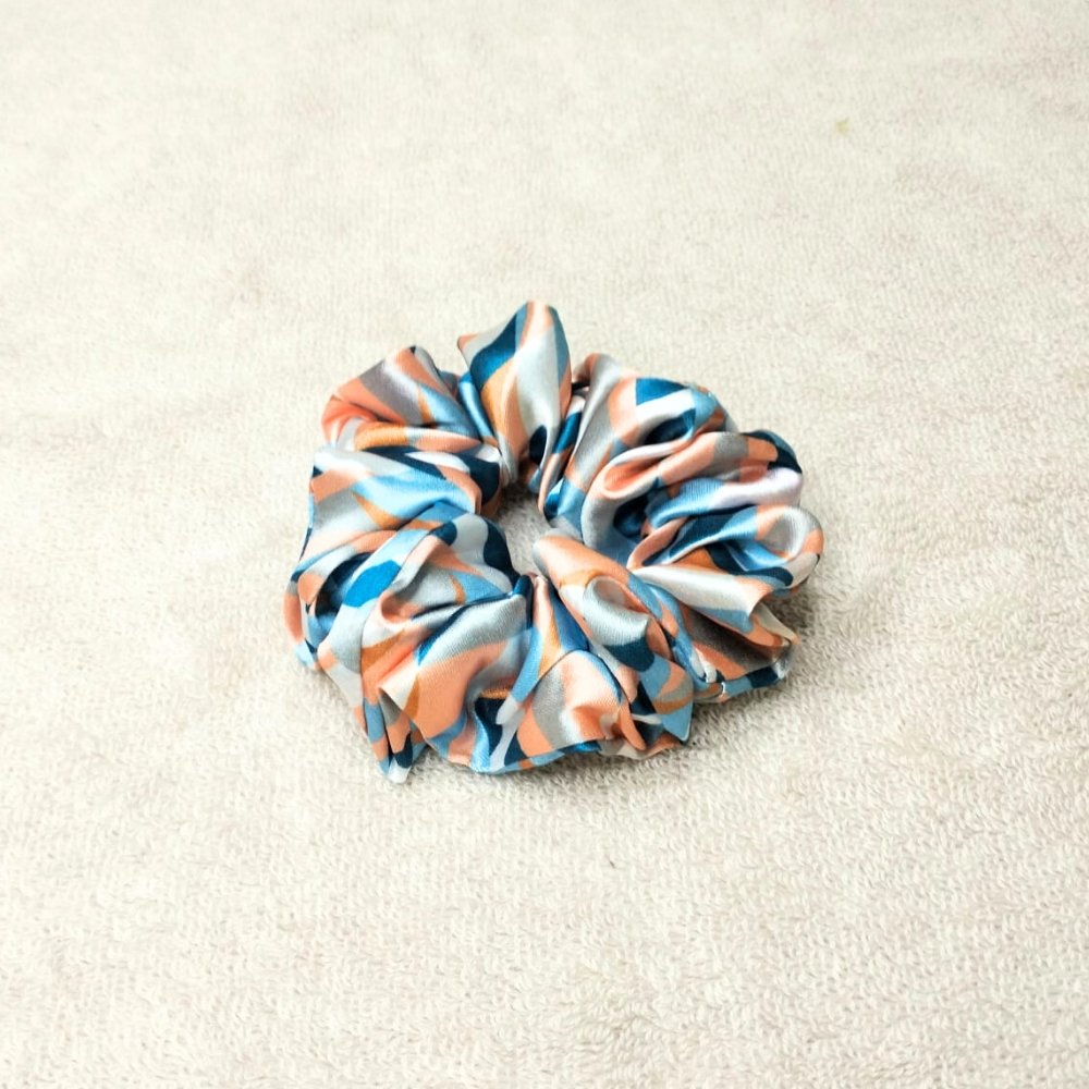 Ocean Wave Peach & Blue Printed Silk Scrunchie