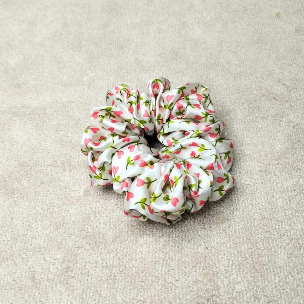 White Floral Garden Satin Scrunchie