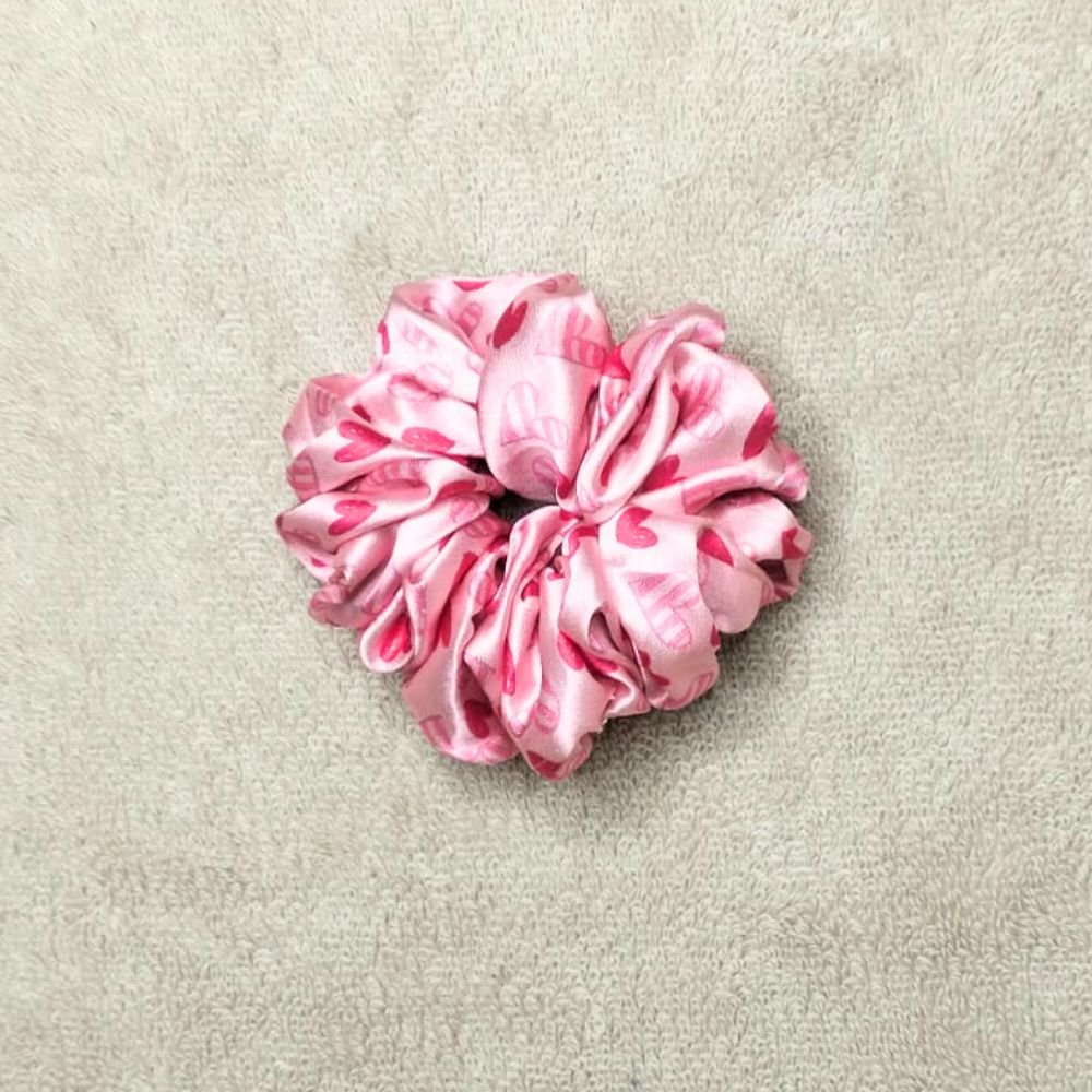 Pink Heart Print Satin Scrunchie