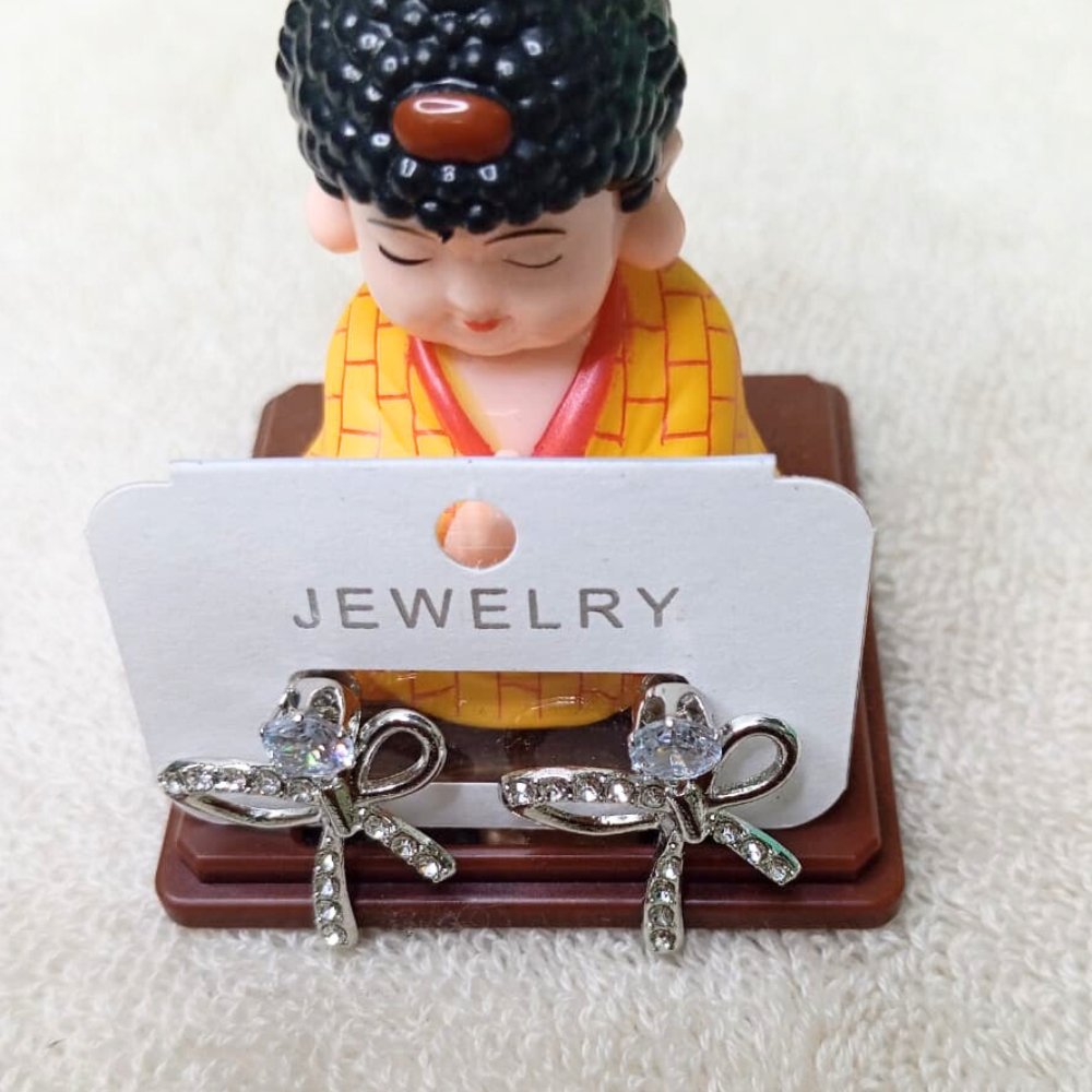 Silver Bow Tie Diamond Stud Korean Earrings