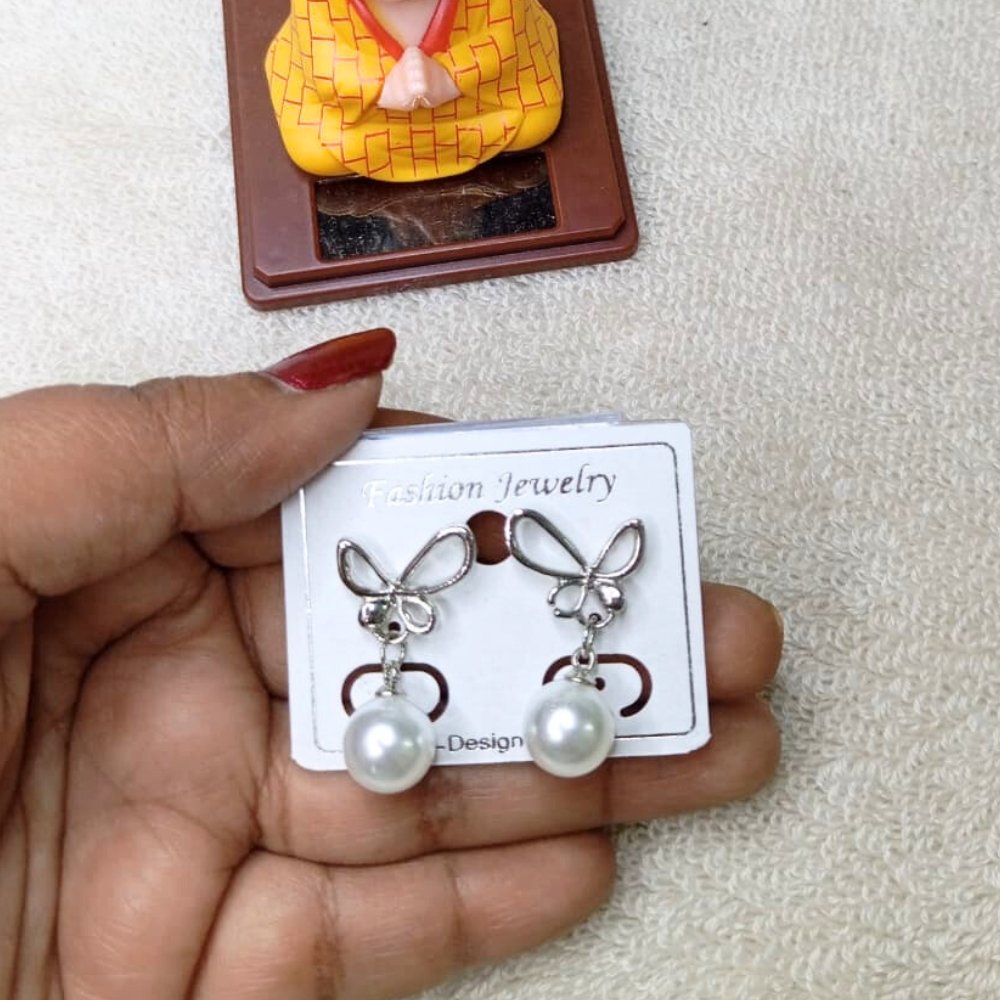 Silver Bow Pearl Drop Korean Earrings