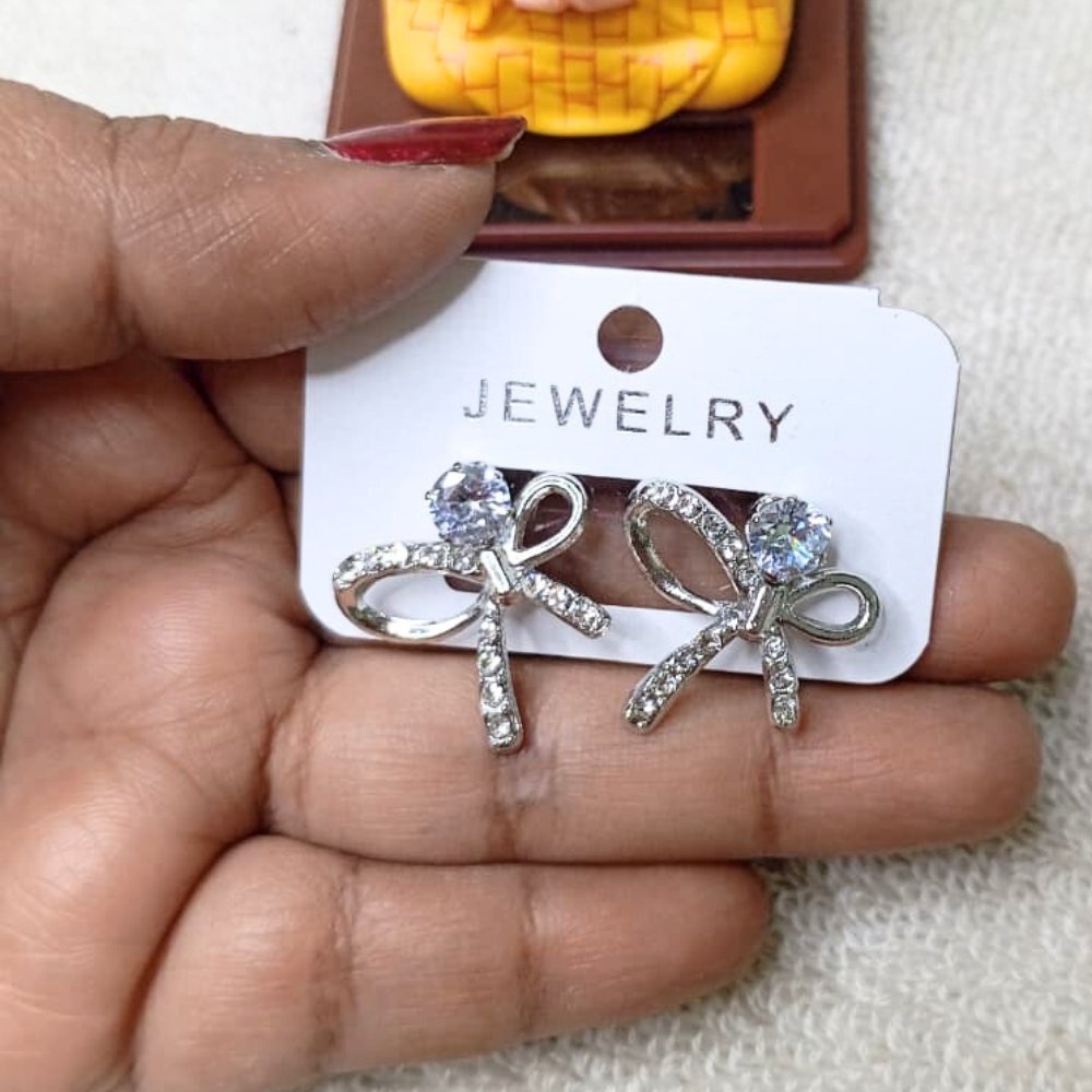 Silver Bow Tie Diamond Stud Korean Earrings