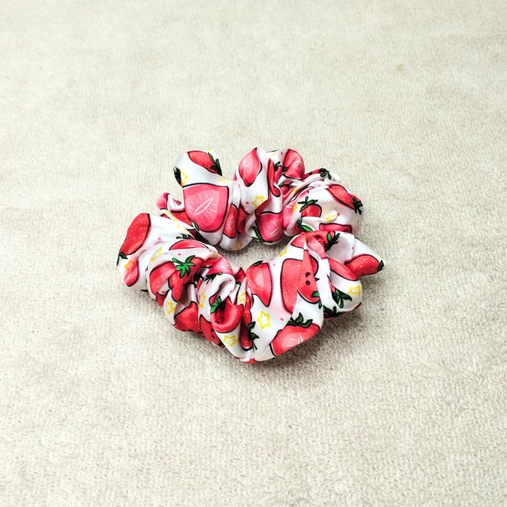 Strawberry Print White Satin Scrunchie