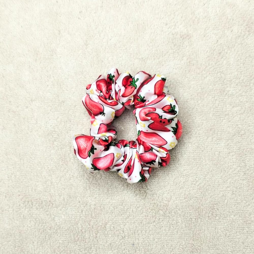Strawberry Print White Satin Scrunchie