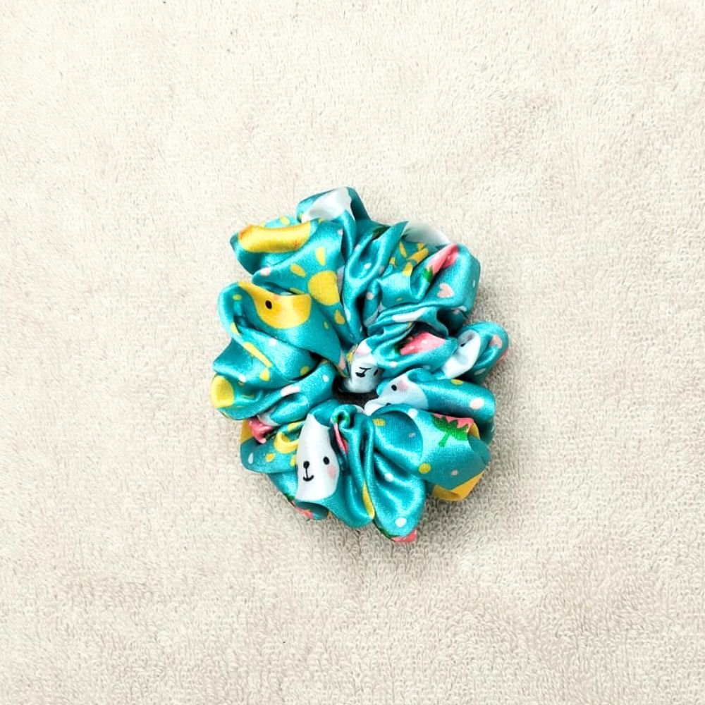 Bunny Hop Teal Blue Printed Satin Scrunchie