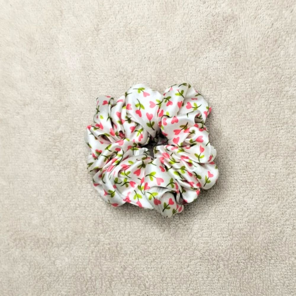 White Floral Garden Satin Scrunchie