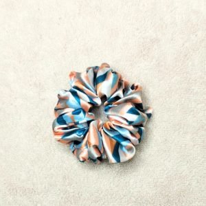Peach and Blue Printed Silk Scrunchie